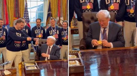 ‘Not giving it back’: Trump jokes as he dons US men’s hockey star Matthew Tkachuk’s gold medal