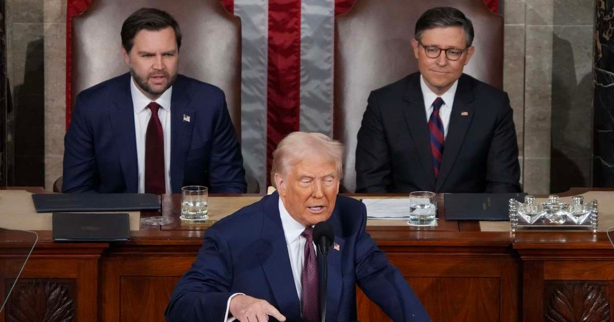 Donald Trump will speak from the House rostrum during the State of the Union, with House Speaker Mike Johnson seated behind him in support (Getty Images)