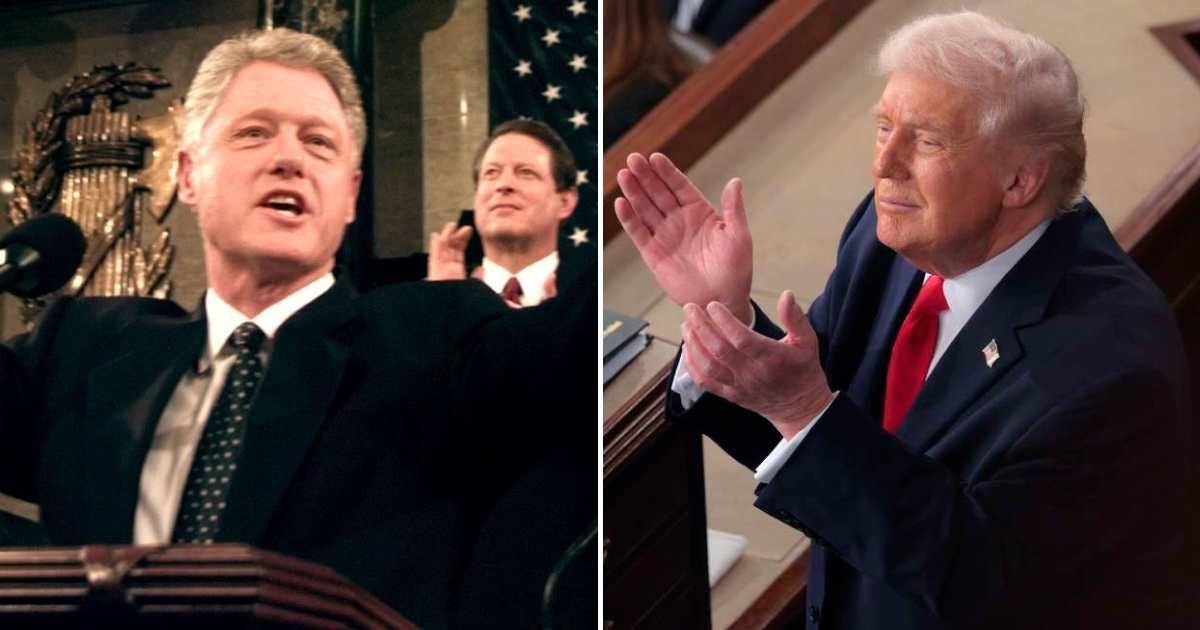 President Donald Trump delivered the longest State of the Union in 2026 at 1 hour 48 minutes, surpassing his 2025 record and Bill Clinton’s 2000 speech (Pool/Getty Images and Getty Images)