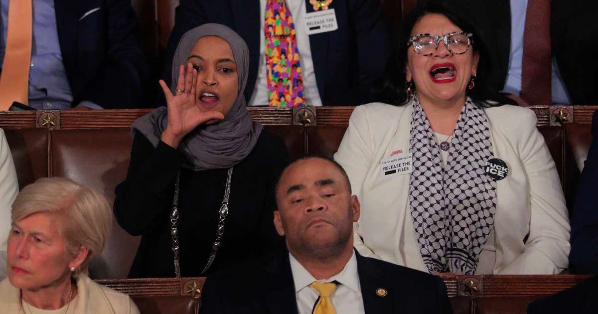 Rep Ilhan Omar and Rep Rashida Tlaib shout at President Donald Trump as he delivers his State of the Union address during a Joint Session of Congress at the Capitol on February 24, 2026, in Washington, DC (Getty Images)