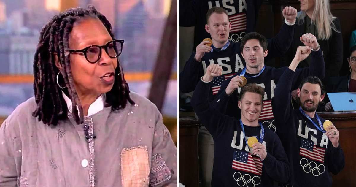 Whoopi Goldberg and her ‘The View’ co-hosts discussed the presence of the US men’s Olympic hockey team at Donald Trump’s State of the Union address (Screengrab/The View, Getty Images)