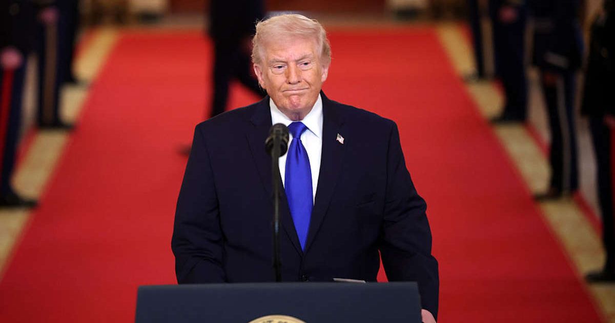 Donald Trump speaks during an Angel Families remembrance ceremony held in the East Room at the White House on February 23, 2026, in Washington, DC (Getty Images)