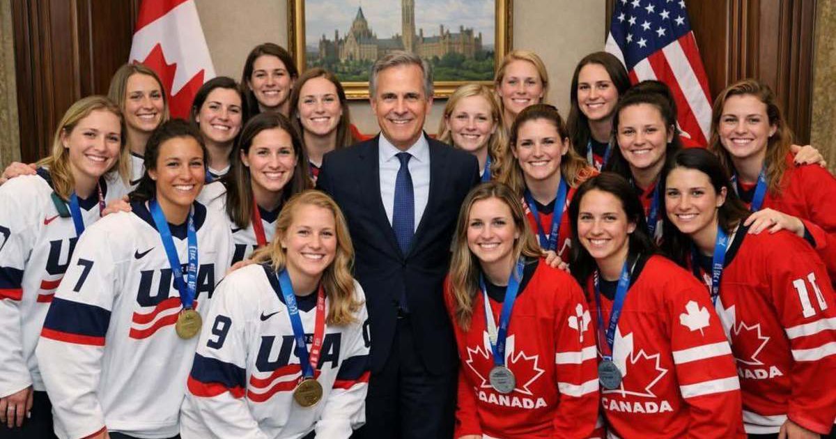 Viral image shows the US women’s hockey team posing with Canada's Carney after declining Trump's invite (@waltb31/X)
