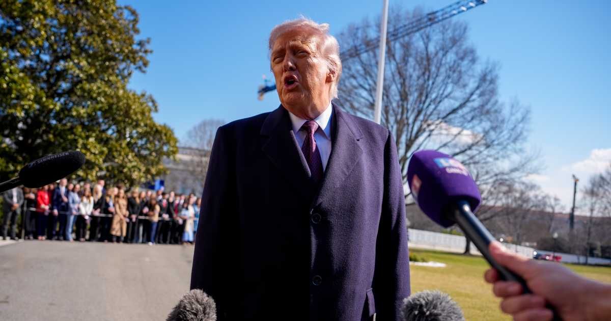 President Donald Trump speaks to members of the media before he departs on Marine One on the South Lawn of the White House on February 27, 2026 in Washington, DC (Andrew Harnik/Getty Images)