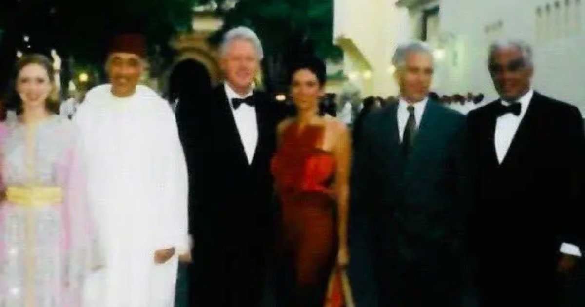 An X user shared an image claiming to show the Clintons with Epstein, Maxwell, and others (@ginamilan_/X)