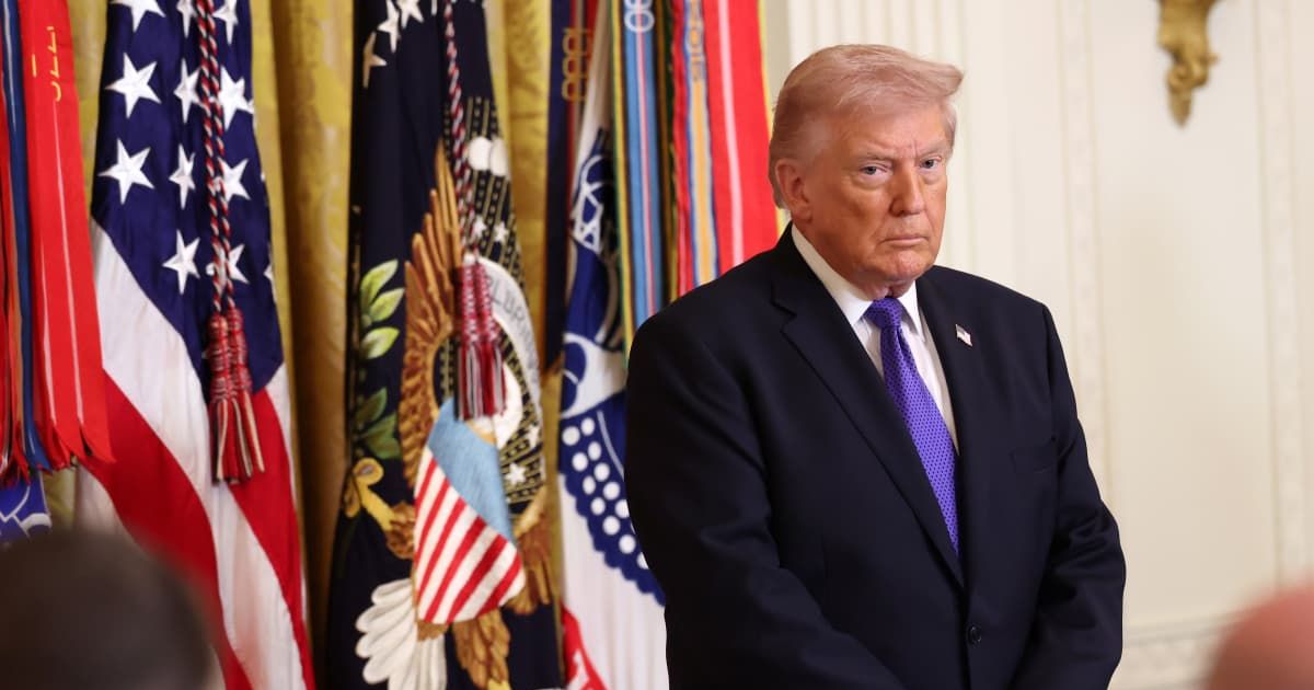 During a Medal of Honor ceremony, Trump shifted from discussing the Iran conflict to touting his White House ballroom project in the East Room on March 2 (Win McNamee/Getty Images)