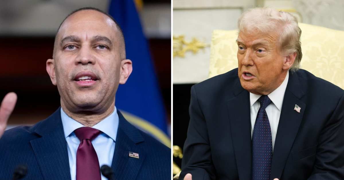 Democratic leader Jeffries said intend to pursue legislative action to rein in what they view as executive overreach and to redirect federal spending toward domestic priorities (X/@WashTimes, Getty Images)
