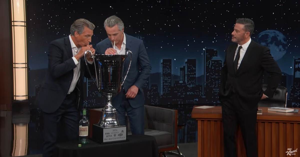 Gavin Newsom gets 'awarded' his own FIFA prize by 'Gavin Newsom' during his appearance on Jimmy Kimmel Live! on Tuesday (Jimmy Kimmel Live!)
