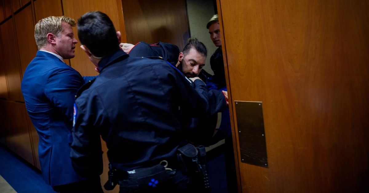 Tim Sheehy helped Capitol Police remove Brian McGinnis from a Senate hearing after the anti-war protester disrupted proceedings on Capitol Hill (Andrew Harnik/Getty Images)