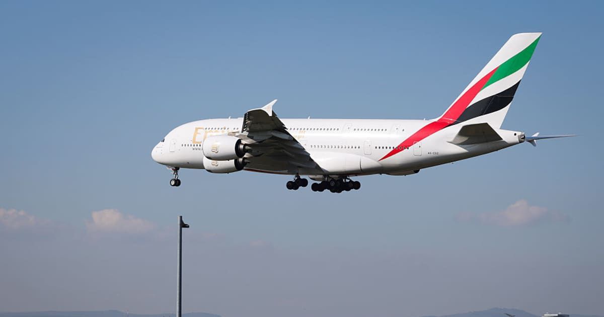 An Emirates passenger plane is landing at Frankfurt Airport from Dubai International on March 03, 2026 in Germany ferrying  German tourists who were stranded across the Middle East following the US–Israeli attack against Iran (Getty Images) 
