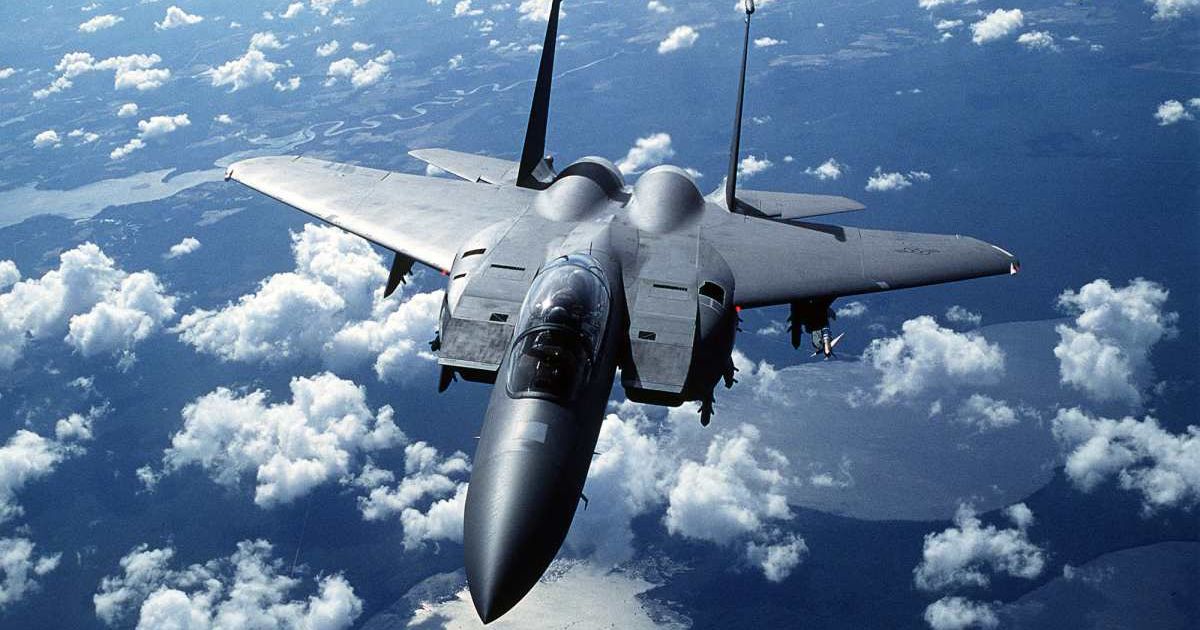 An air-to-air front view of an F-15E Strike Eagle aircraft of the 336th Tactical Fighter Squadron (Photo by USAF)