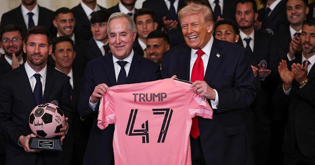 President Donald Trump poses with a jersey from Inter Miami CF CEO and Managing Owner Jorge Mas during an event celebrating the 2025 MLS Cup Champions Inter Miami CF in the East Room of the White House (Getty Images)
