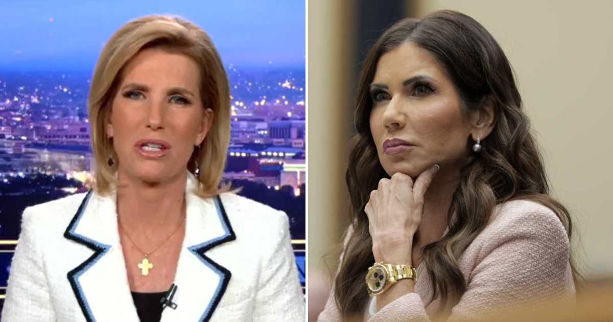 Laura Ingraham questioned why, despite the extensive negative publicity surrounding Kristi Noem, President Donald Trump had not dismissed her earlier (Screengrab/Fox News, Getty Images)