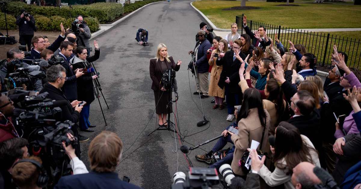 White House Press Secretary Karoline Leavitt takes a question from a reporter after a television interview on the North Lawn of the White House, March 6, 2026, in Washington, DC (Getty Images)