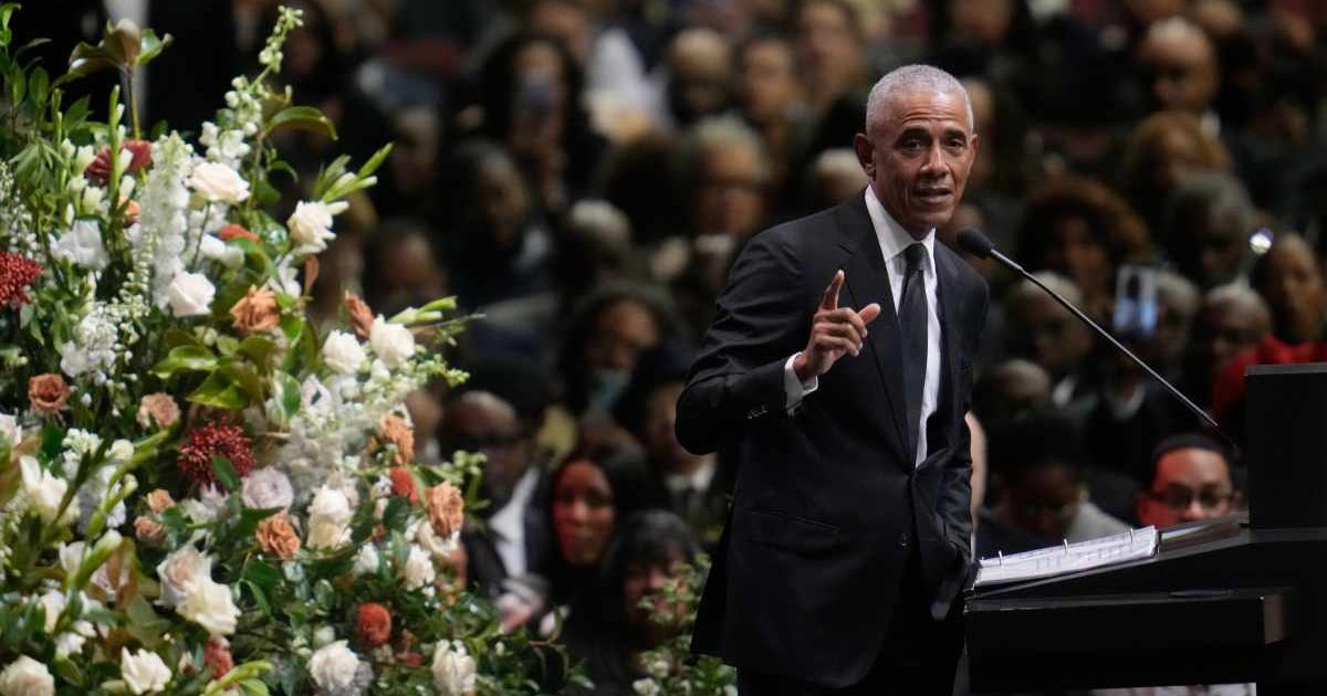 Former President Barack Obama speaks during the Public Homegoing Service for the Rev Jesse Jackson at the House of Hope in Chicago, Friday, March 6, 2026 (AP Photo/Erin Hooley)