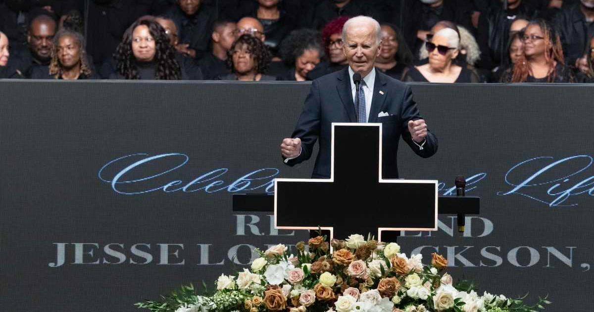 Former President Joe Biden speaks at a celebration of life service for civil rights leader Rev. Jesse Jackson Sr. at the House of Hope arena on March 06, 2026, in Chicago, Illinois (Getty Images)