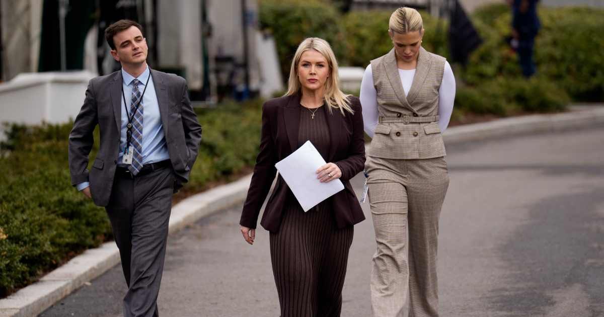 White House Press Secretary Karoline Leavitt walked back after a TV interview on ongoing Iran operations (Andrew Harnik/Getty Images)