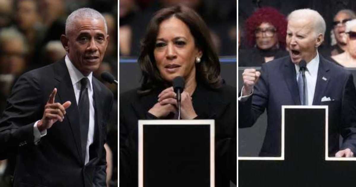 Barack Obama, Kamala Harris, and Joe Biden criticized the current administration during their speeches at Jesse Jackson’s funeral on March 6 (Getty Images)
