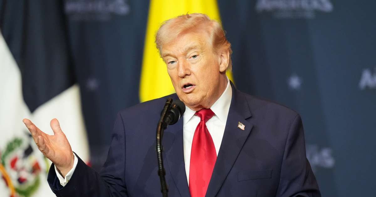 Donald Trump speaks at the Shield of the Americas Summit on Saturday, March 7, 2026, at Trump National Doral Miami in Doral, Florida (AP Photo/Rebecca Blackwell)