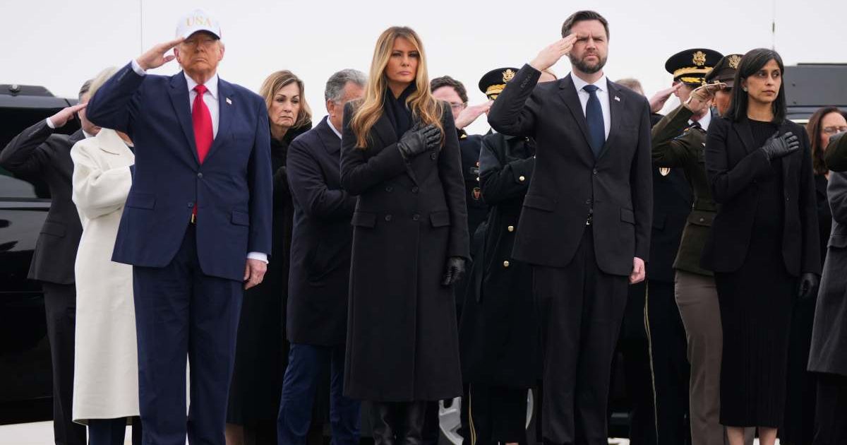 President Donald Trump, First Lady Melania Trump, Vice President JD Vance and Second Lady Usha Vance attend a casualty return for the soldiers who were killed in a drone strike (AP Photo/Mark Schiefelbein)