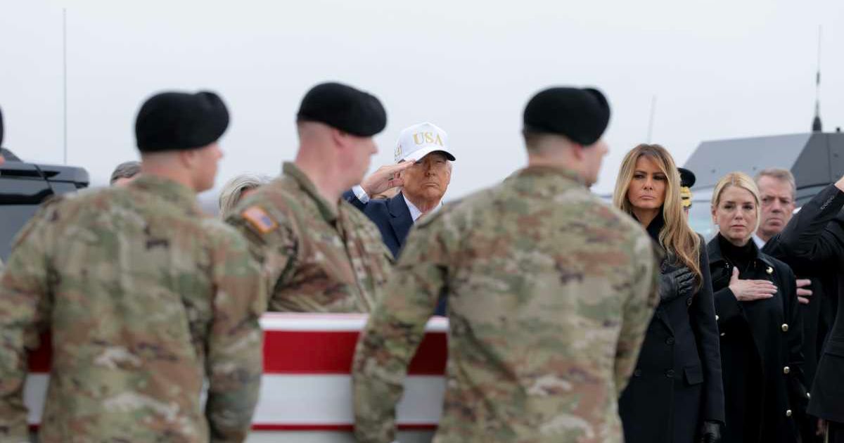 President Donald Trump and first lady Melania Trump honored six US service members killed in an Iranian drone strike in Kuwait during a dignified transfer ceremony at Dover Air Force Base (AP Photo)