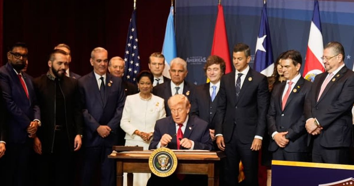 Donald Trump signed a proclamation targeting cartel crime during the Shield of the Americas Summit in Doral, Florida (AP Photo/Mark Schiefelbein)