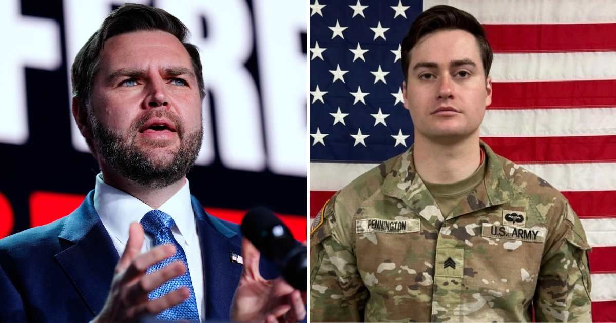 JD Vance and a handout image released by the United States Army on March 9, 2026, of US Army Sgt Benjamin Pennington, 26, of Glendale, Kentucky, who died of wounds sustained in a March 1 attack at Prince Sultan Air Base, Saudi Arabia (AP/US Army) 