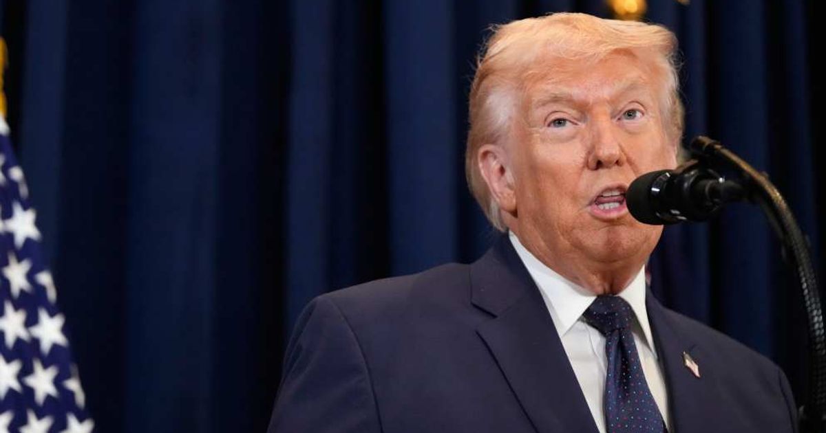 President Donald Trump speaks at a news conference on Monday, March 9, 2026, at Trump National Doral Miami in Doral, Florida (AP Photo/Mark Schiefelbein)