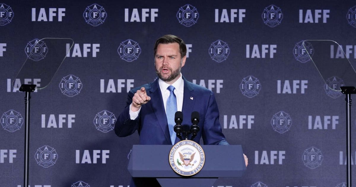 Vice President JD Vance praised firefighters for helping his mother at a difficult time during the Legislative Conference of the International Association of Fire Fighters. (AP Photo/Alex Brandon)