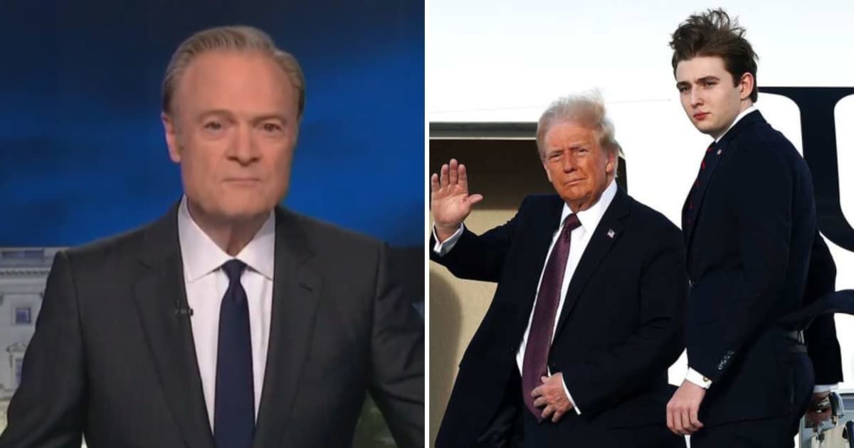 Lawrence O’Donnell referenced Trump’s youngest son, Barron Trump, who is 19, while making a point about the risks of war. (Screengrab/X/@tommyxtopher, Getty Images)