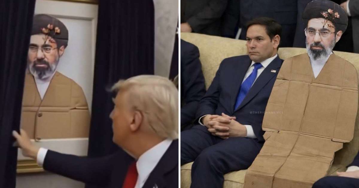 Memes flooded social media after a cardboard cutout of Iran’s new leader, Mojtaba Khamenei, appeared at a ceremony, with posts also featuring Donald Trump and Marco Rubio (Screengrab/X/@GizmoMemes, Screengrab/X/@TheRicanMemes)