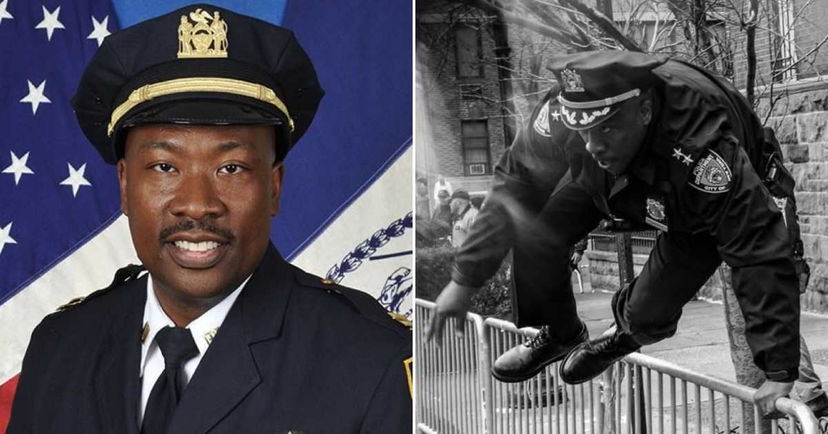 Aaron Edwards, 46, assistant chief with the New York City Police Department, was photographed mid-leap while chasing a suspect accused of tossing an explosive device near Gracie Mansion on March 7 (NYPD)