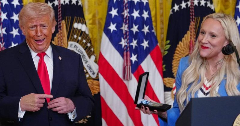 Bobsledder Kaillie Humphries presents Trump with her Olympic Order of Ikkos medal