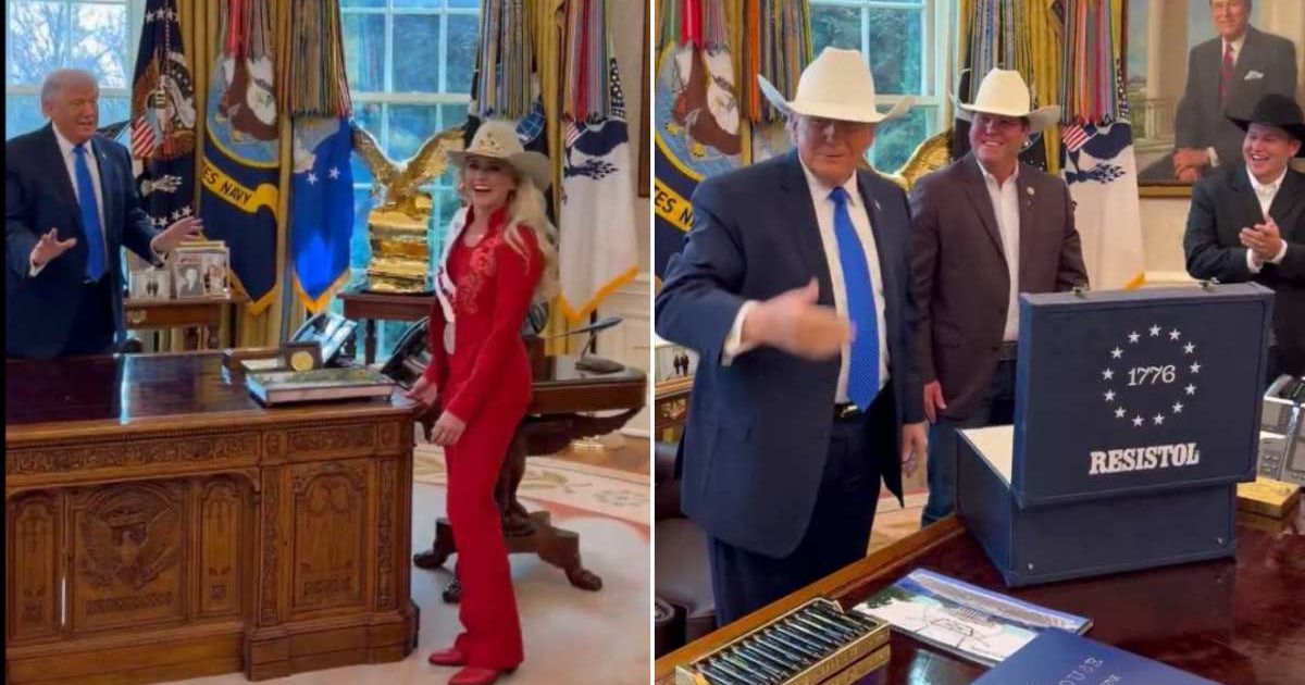 President Donald Trump welcomed the 2025 rodeo world champions from the PRCA and the WPRA to the White House on March 13 (@MargoMartin47/X, @DonaldTrumpForPresident/Facebook)