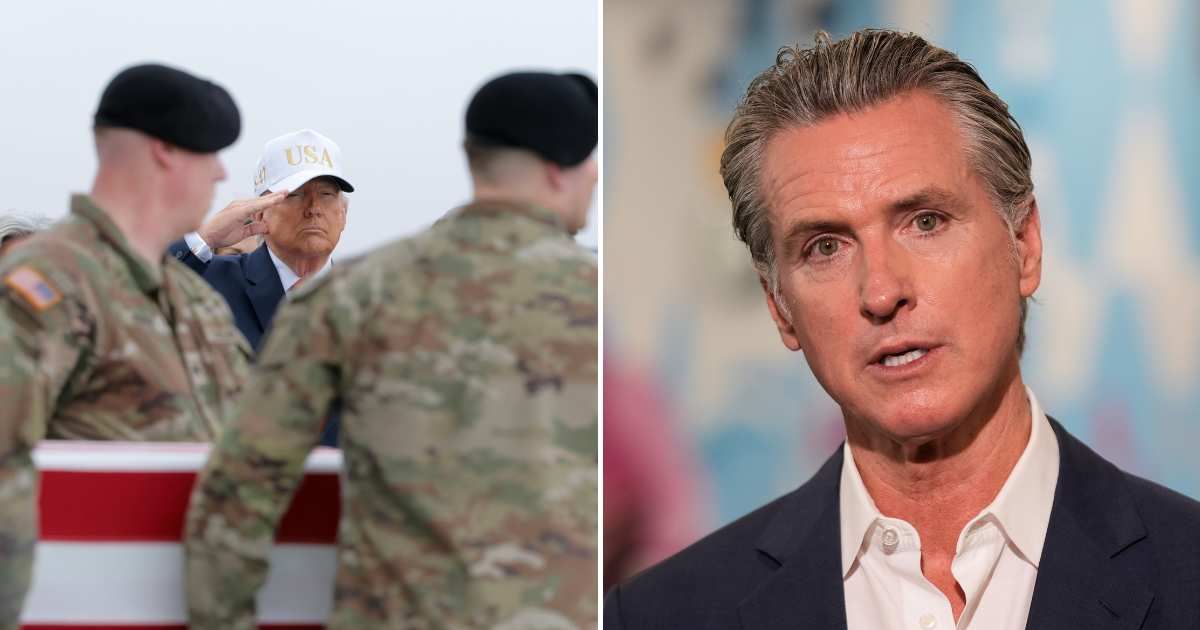 Gavin Newsom’s press office slammed President Donald Trump after a Huffington Post correspondent revealed the contents of the fundraising email (Roberto Schmidt/Getty Images, AP Photo/Damian Dovarganes, File)
