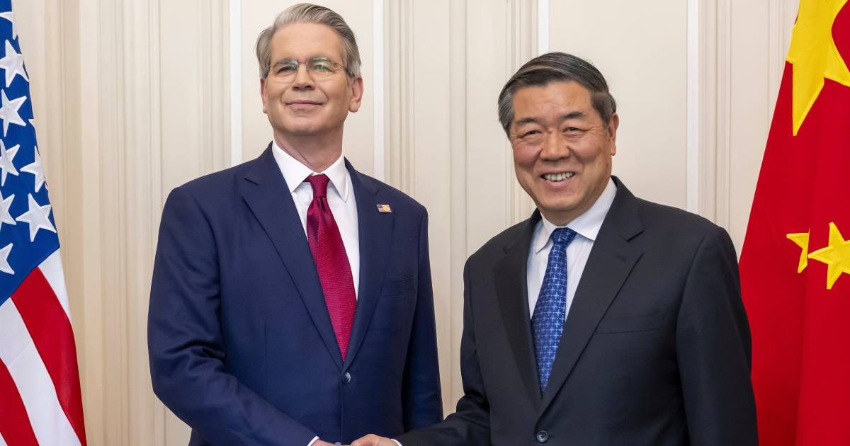 Secretary of the Treasury Scott Bessent shakes hands with Chinese Vice Premier He Lifeng during a bilateral meeting between the United States and China, in Geneva, Switzerland, on Saturday, May 10, 2025 (Martial Trezzini/Keysto
