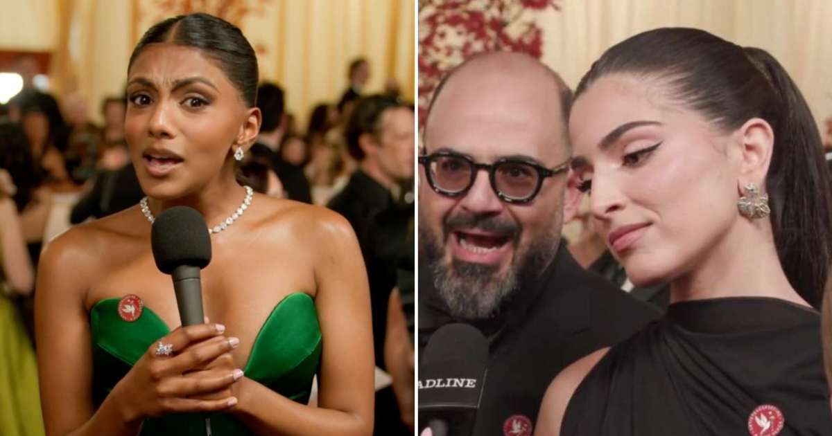 Charithra Chandran and Saja Kilani were seen wearing the Artists4Ceasefire pin, which calls for lasting peace between Palestinians and Israelis, at the 98th Academy Awards on Sunday, March 15 (@THR/X, @AP/X)