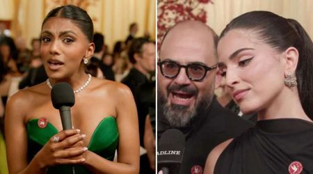 Charithra Chandran and Saja Kilani wear Artists4Ceasefire pin at 2026 Oscars amid US-Iran war