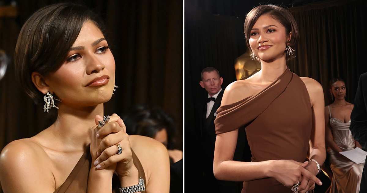 Zendaya sparked marriage rumors at the 2026 Oscars after fans noticed a gold band on her finger while she presented an award with Robert Pattinson (Al Seib, Richard Harbaugh/The Academy via Getty Images)