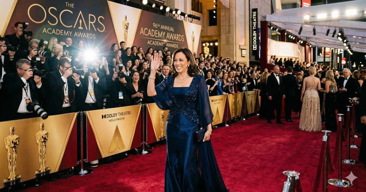 A viral image circulating on social media showed Kamala Harris walking the Oscars red carpet (@popkhive/X)