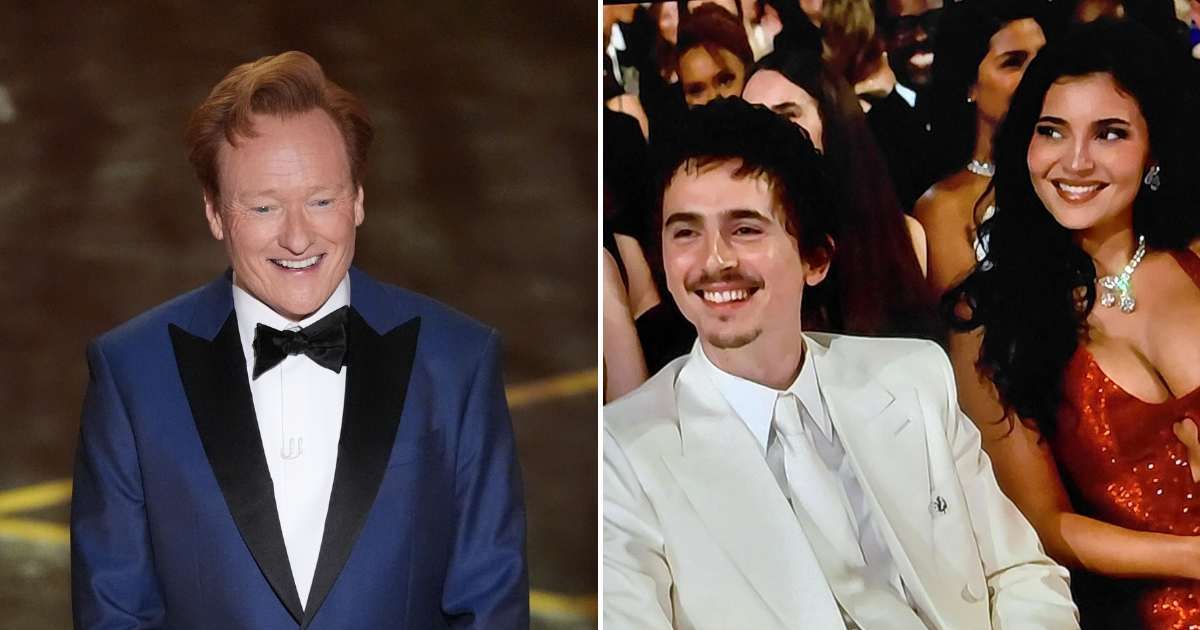 Timothee  Chalamet and Kylie Jenner share a lighthearted moment as the Oscars host Conan O'Brien addressed the controversy over the actor's opera-ballet remark. (AP Photo/Chris Pizzello,@atvfriend/x)