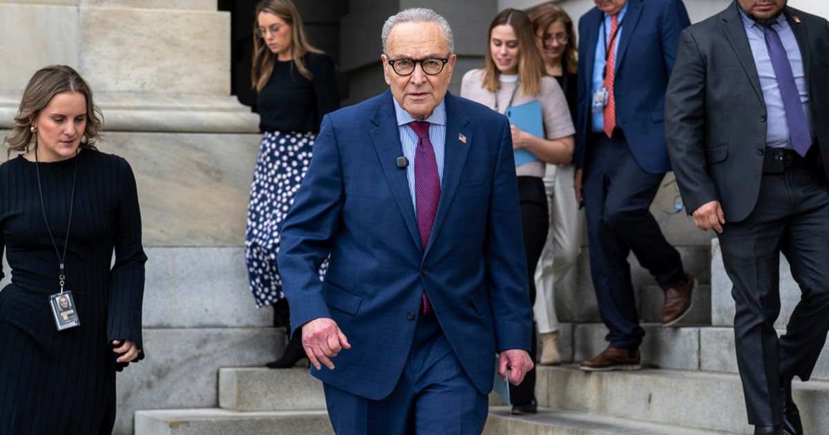 Senate Minority Leader Chuck Schumer walks to speak with reporters about Homeland Security Secretary Kristi Noem in Washington, March 5, 2026. (AP Photo/J Scott Applewhite)