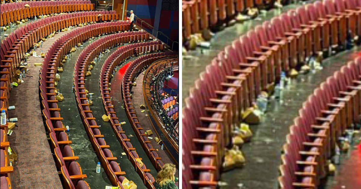 Trash was seen scattered across seating rows at the Dolby Theatre after the Oscars ended (Screengrab/@Bubblebathgirl/X, AP Photos)