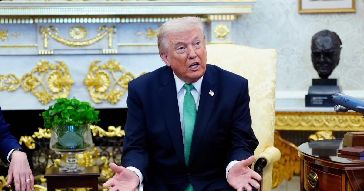 President Donald Trump speaks during a meeting with Irish Prime Minister Micheál Martin in the Oval Office of the White House, on St. Patrick's Day, Tuesday, March 17, 2026, in Washington (AP Photo/Alex Brandon)