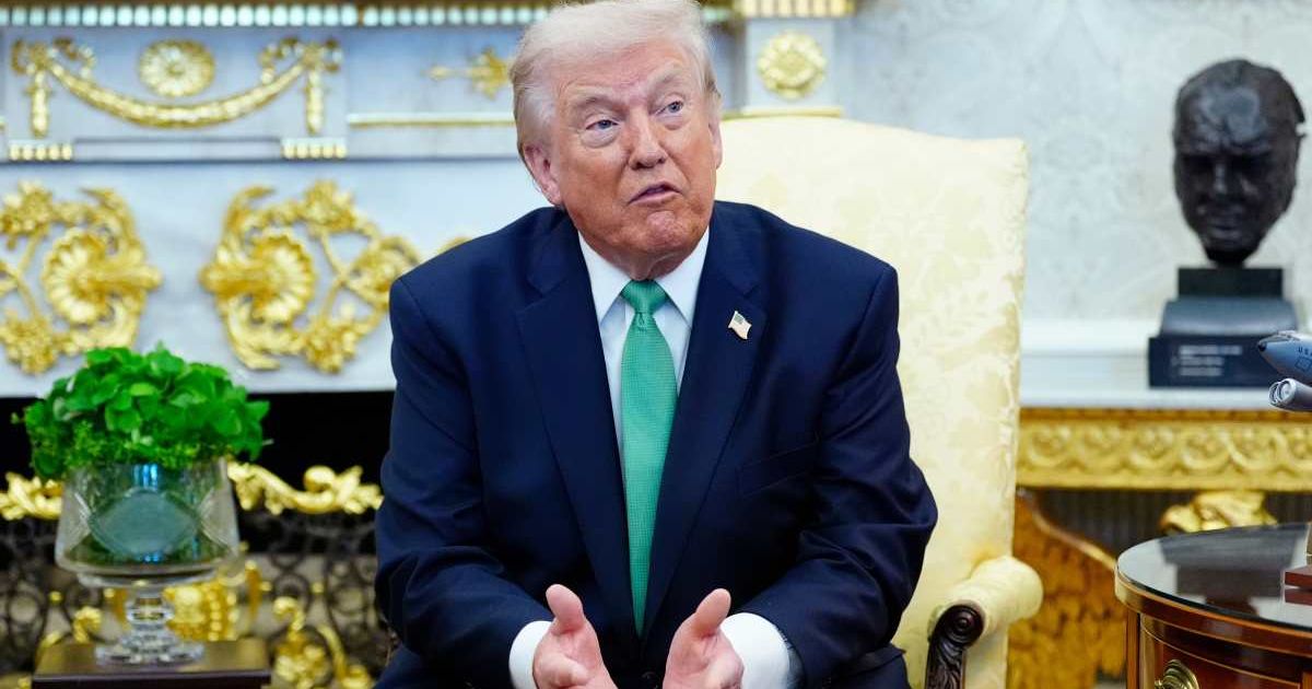President Donald Trump speaks during a meeting with Irish Prime Minister Micheál Martin in the Oval Office of the White House, on St. Patrick's Day, Tuesday, March 17, 2026, in Washington. (AP Photo/Alex Brandon)