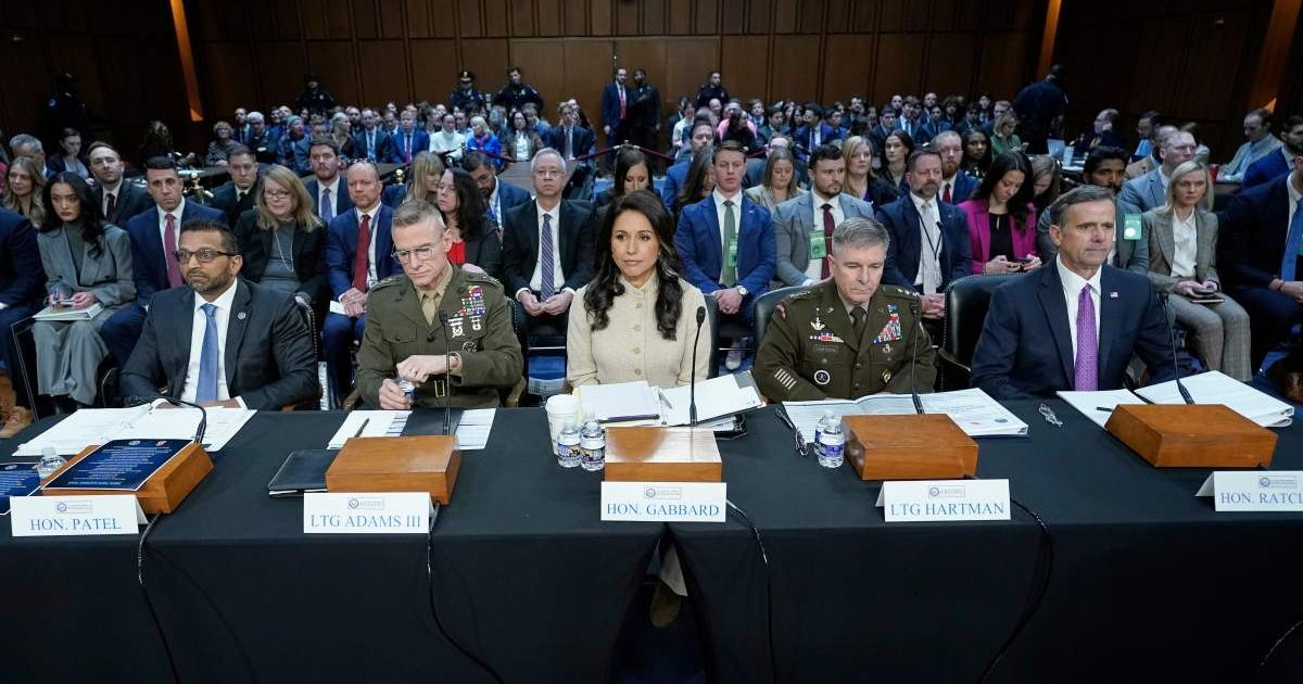Top US intelligence officials appear before a Senate Intelligence Committee hearing on worldwide threats on March 18, 2026, in Washington (AP Photo/Jose Luis Magana)