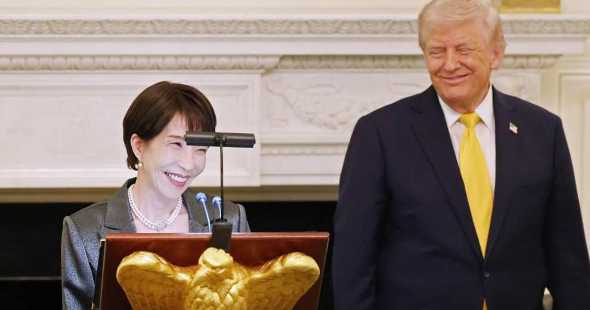 Japanese Prime Minister Sanae Takaichi speaks alongside US President Donald Trump before a state dinner in the State Dining Room of the White House on March 19, 2026, in Washington, DC (Anna Moneymaker/Getty Images)