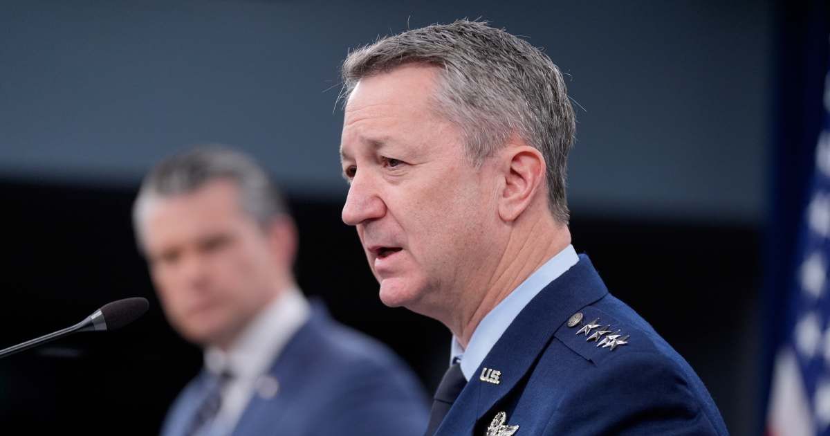 Defense Secretary Pete Hegseth and Chairman of the Joint Chiefs of Staff Gen. Dan Caine speak to members of the media during a press briefing at the Pentagon in Washington, Thursday, March 19 (AP Photo/Manuel Balce Ceneta)