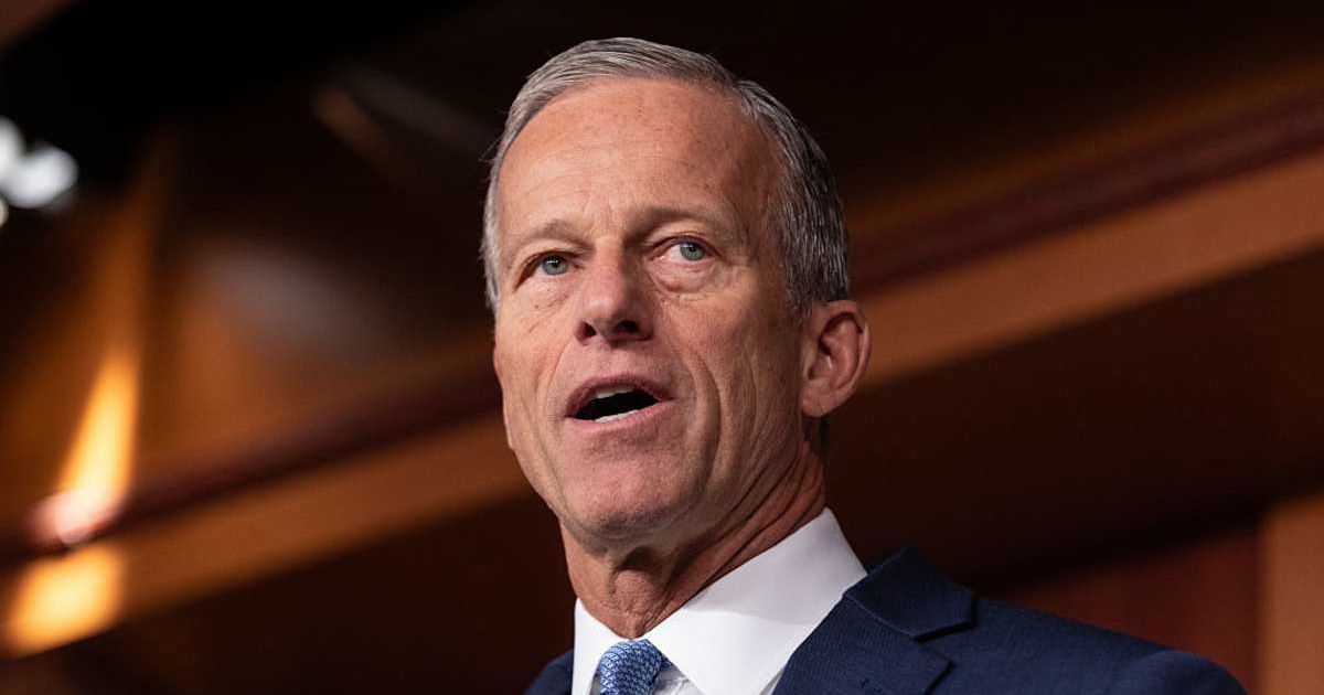 Senate Majority Leader John Thune (R-SD) speaks during a press conference on the tenth day of a government shutdown at the US Capitol on October 10, 2025 in Washington, DC (Getty Images)