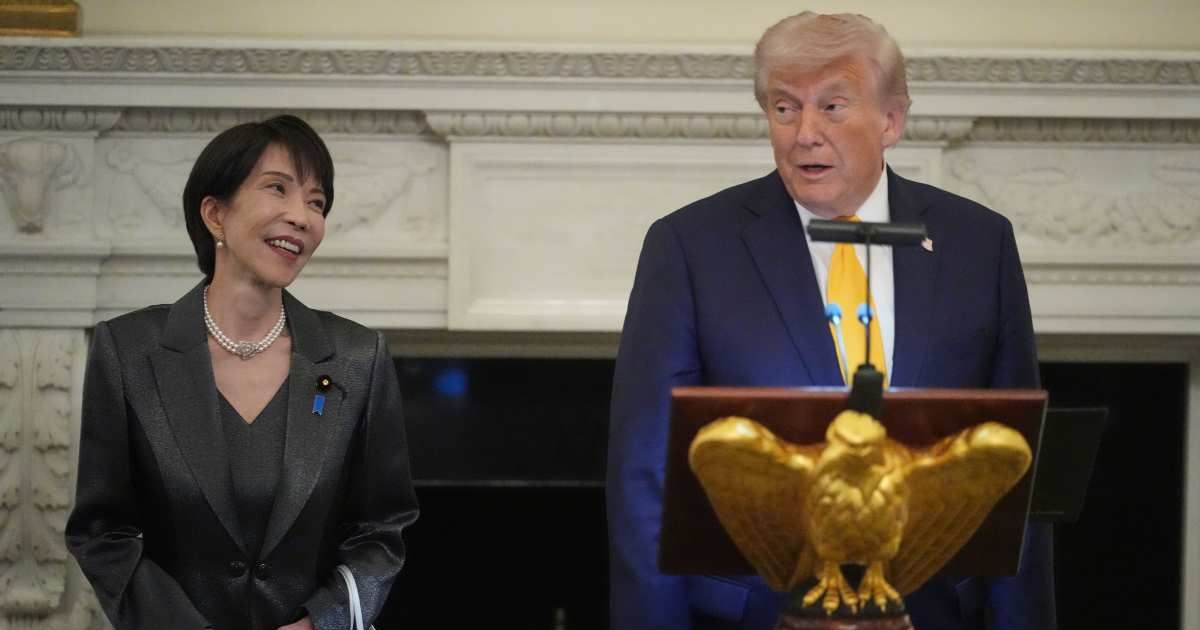 Donald Trump attends a dinner with Japan's Prime Minister Sanae Takaichi in the State Dining Room of the White House on March 19 (AP Photo/Julia Demaree Nikhinson)